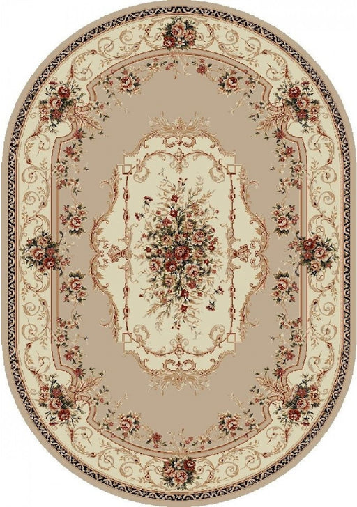Covor clasic floral oval crem bej, model traditional elegant pentru living sau dormitor