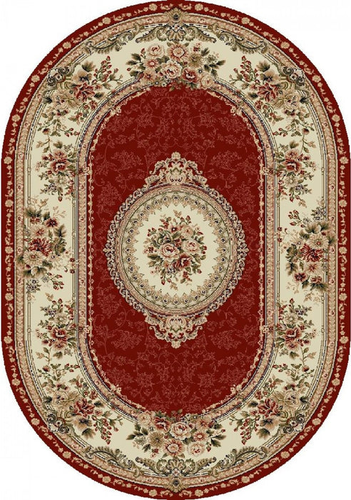 Covor clasic floral oval, culoare grena