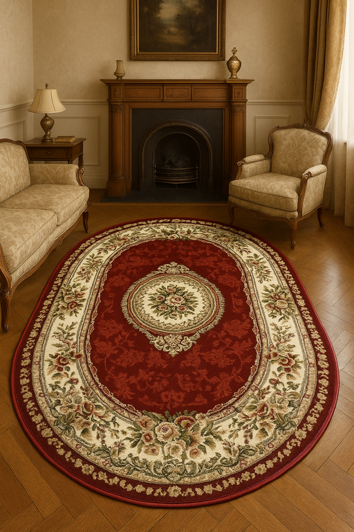 Covor clasic floral oval grena, ideal pentru living și dormitor