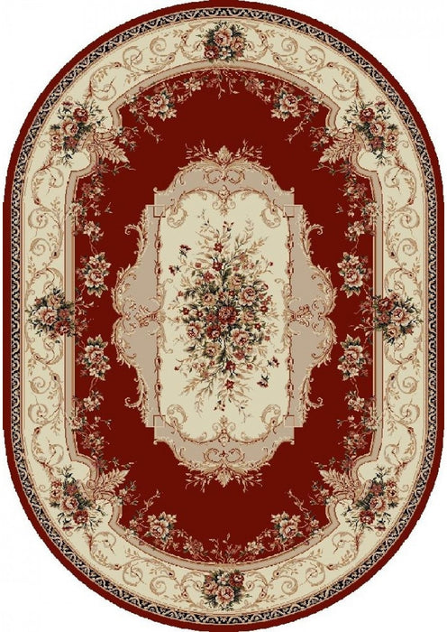 Covor clasic floral oval grena, model traditional pentru living sau dormitor