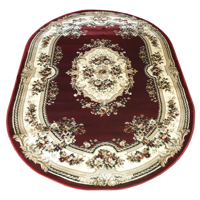 Covor clasic floral oval grena cu model traditional, potrivit pentru decor clasic