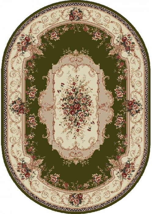 Covor clasic floral oval verde, model traditional pentru living sau dormitor