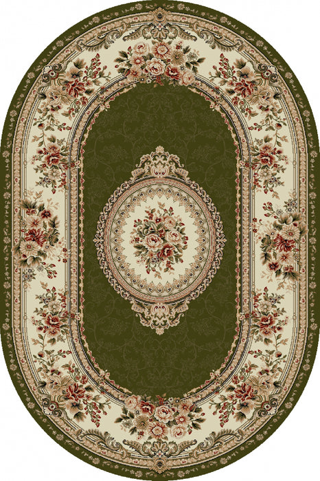 Covor clasic floral oval verde, ideal pentru living și dormitor