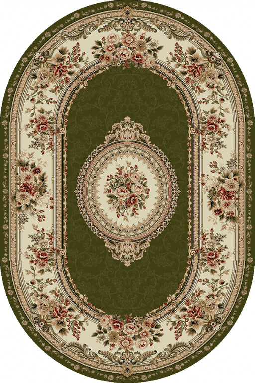Covor clasic floral oval verde, ideal pentru living și dormitor
