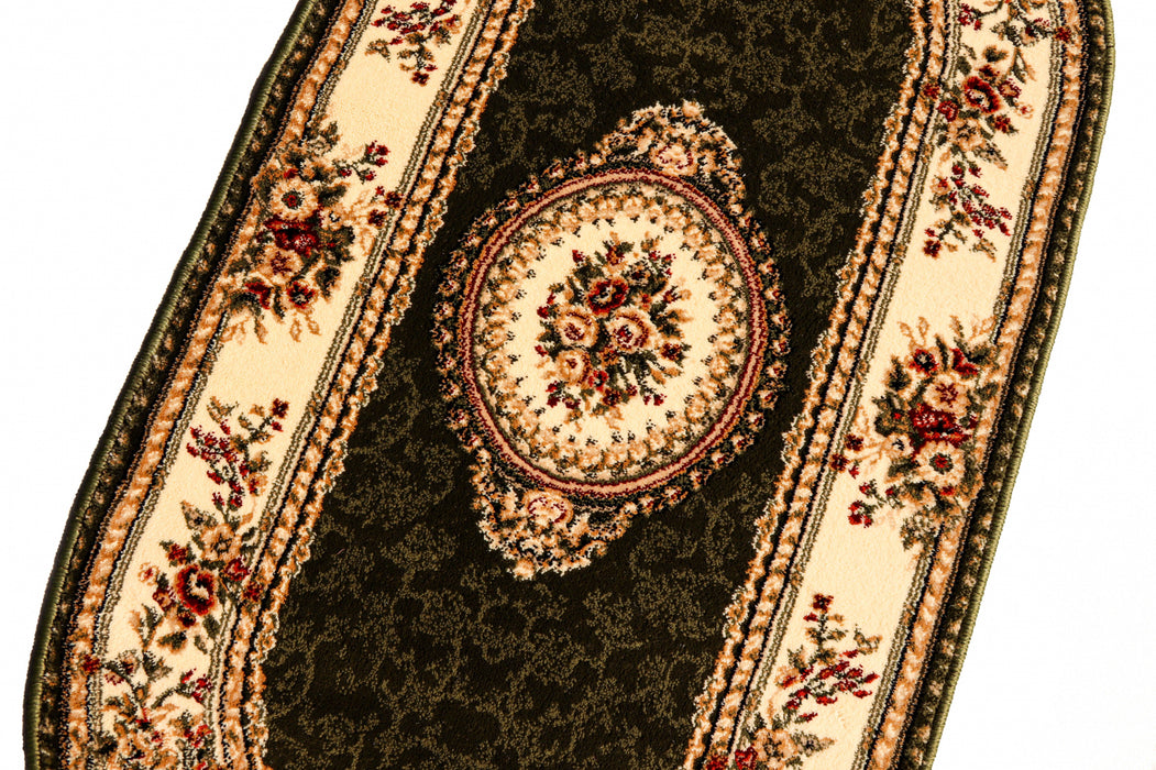 Covor clasic floral oval verde, vedere în perspectivă