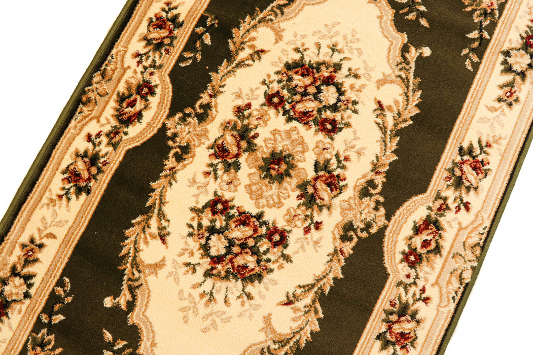 Covor clasic floral oval verde cu model traditional, potrivit pentru decor clasic