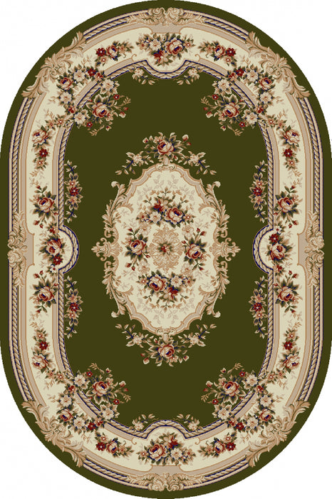 Covor clasic floral oval verde, model elegant pentru living sau dormitor