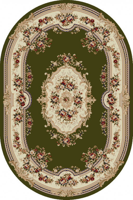 Covor clasic floral oval verde, model elegant pentru living sau dormitor