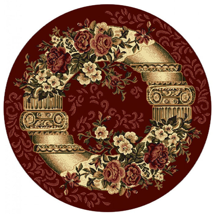 Covor clasic floral rotund grena cu model traditional, potrivit pentru living sau dormitor