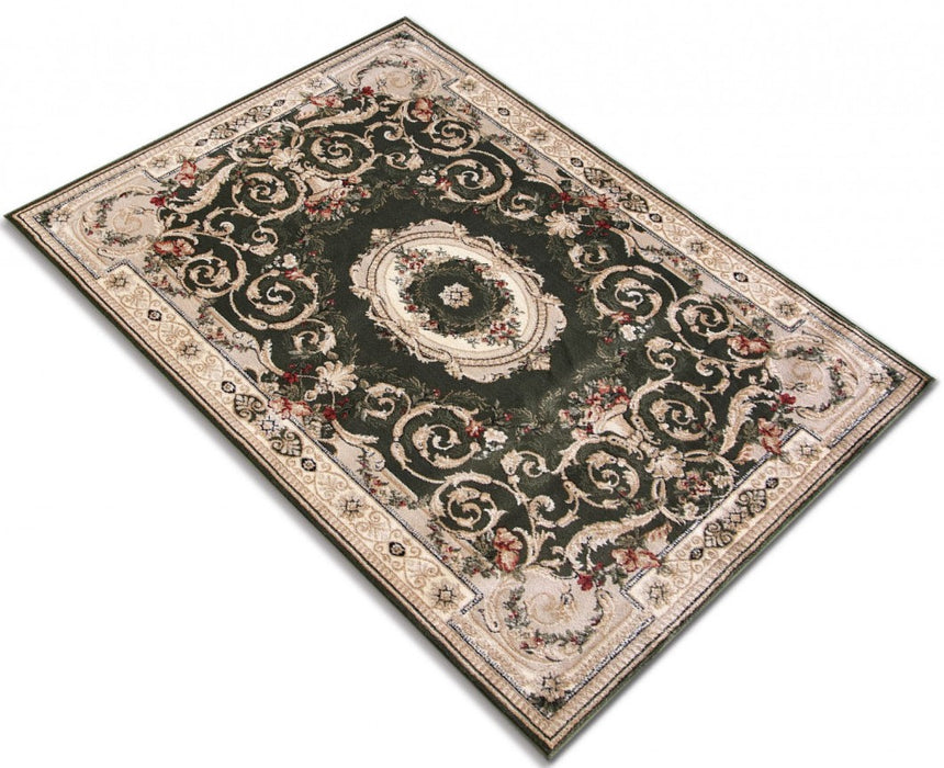 Covor clasic floral verde cu design elegant si motive florale