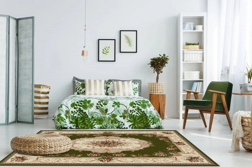 Covor clasic floral verde in dormitor, decor clasic si rafinat