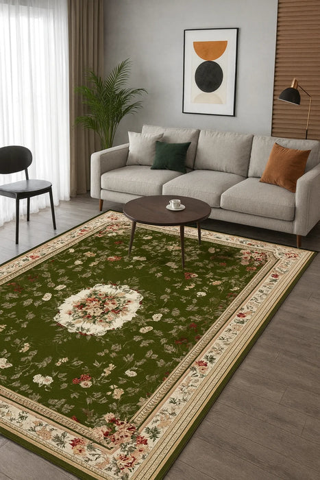 Covor clasic floral verde, ideal pentru living și dormitor