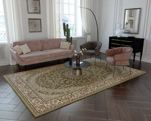 Covor clasic floral verde, ideal pentru living și dormitor