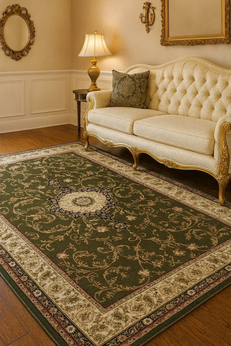 Covor clasic floral verde în living, vedere în perspectivă