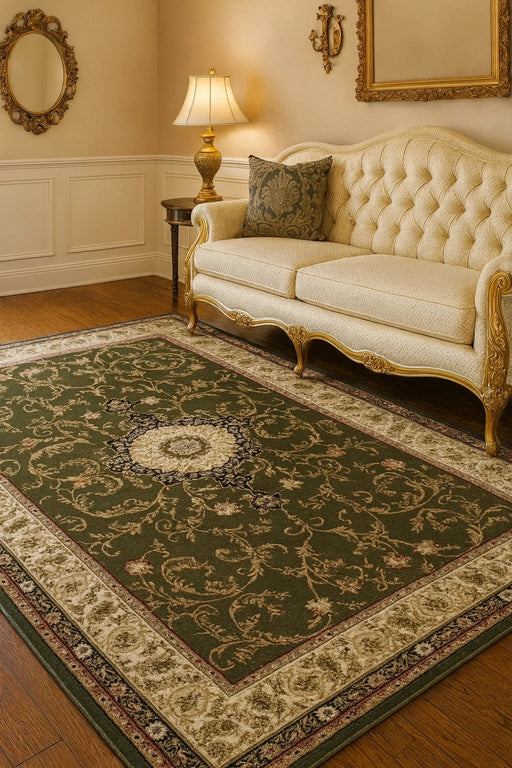 Covor clasic floral verde în living, vedere în perspectivă