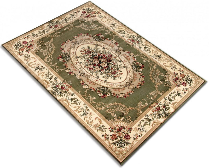 Covor clasic floral verde, vedere din unghi cu detalii ornamentale