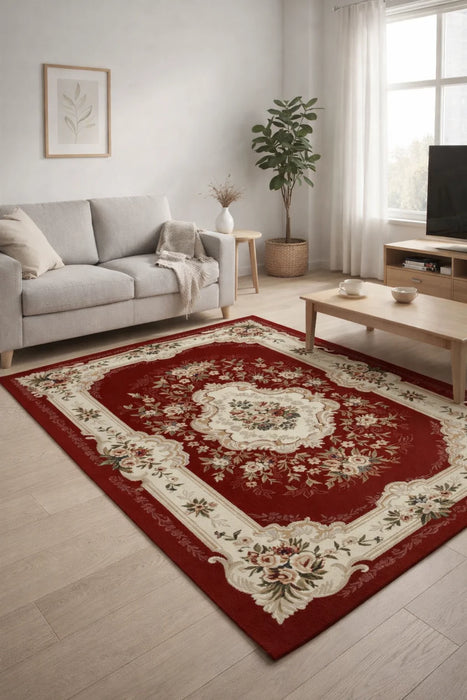 Detaliu model floral covor clasic grena