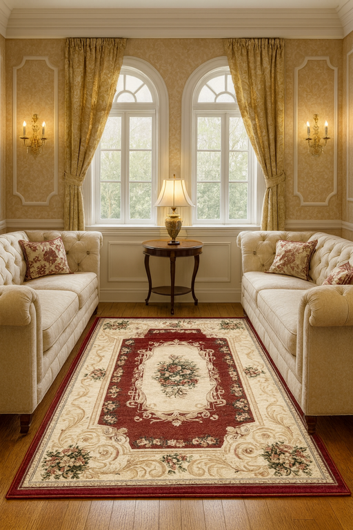 covor clasic grena integrat intr-un living elegant