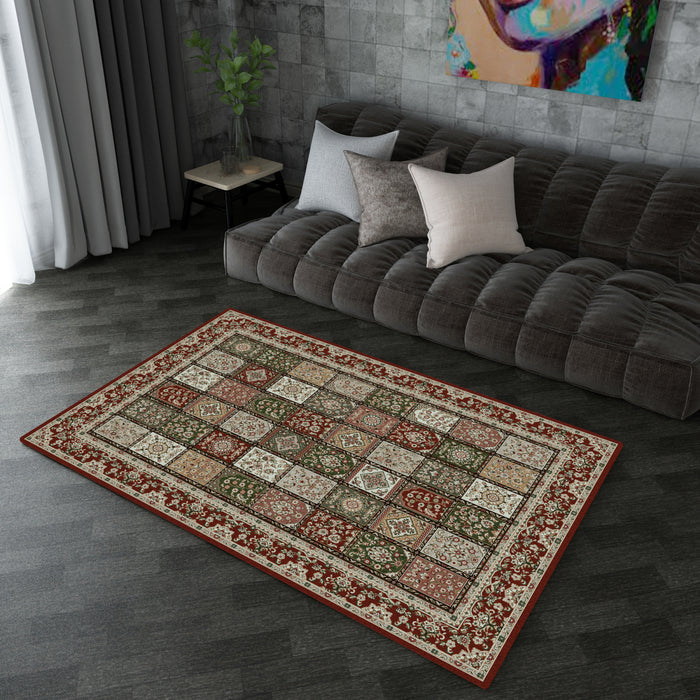 covor clasic grena in living elegant cu canapea inchisa