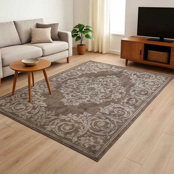 Covor clasic maro integrat într-un living modern și confortabil