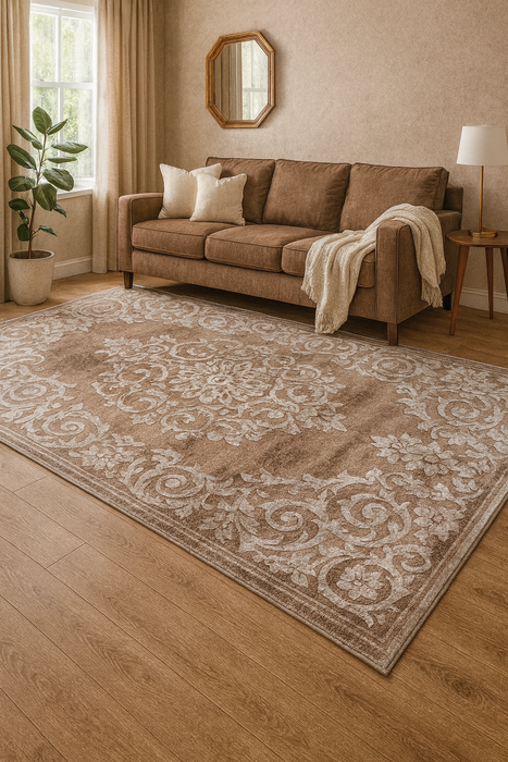 Covor clasic ornamental maro în living, potrivit pentru un decor elegant și călduros