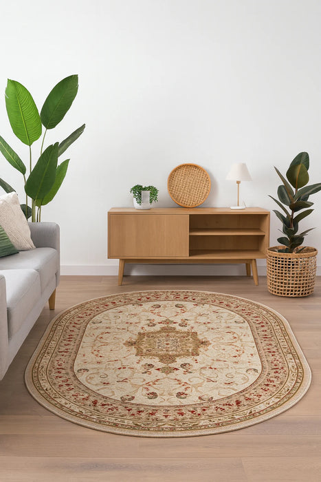 Covor clasic oval bej crem integrat într-un decor elegant de interior