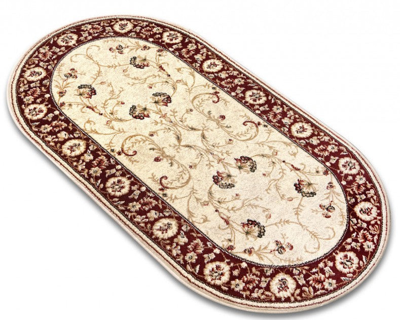 Covor clasic oval crem grena, vedere în perspectivă