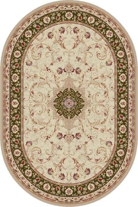 Covor clasic oval crem verde, ideal pentru living și dormitor