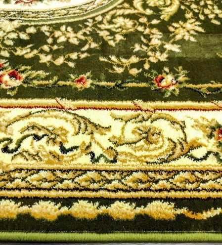 Textura covor clasic oval floral verde, fibre dense si finisaj de calitate