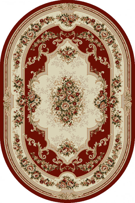 Covor clasic oval grena cu model floral traditional