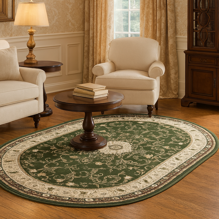 Covor clasic oval verde, ideal pentru living și dormitor