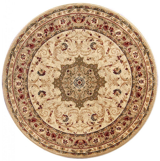 Covor clasic rotund crem bej cu model traditional, potrivit pentru living sau dormitor