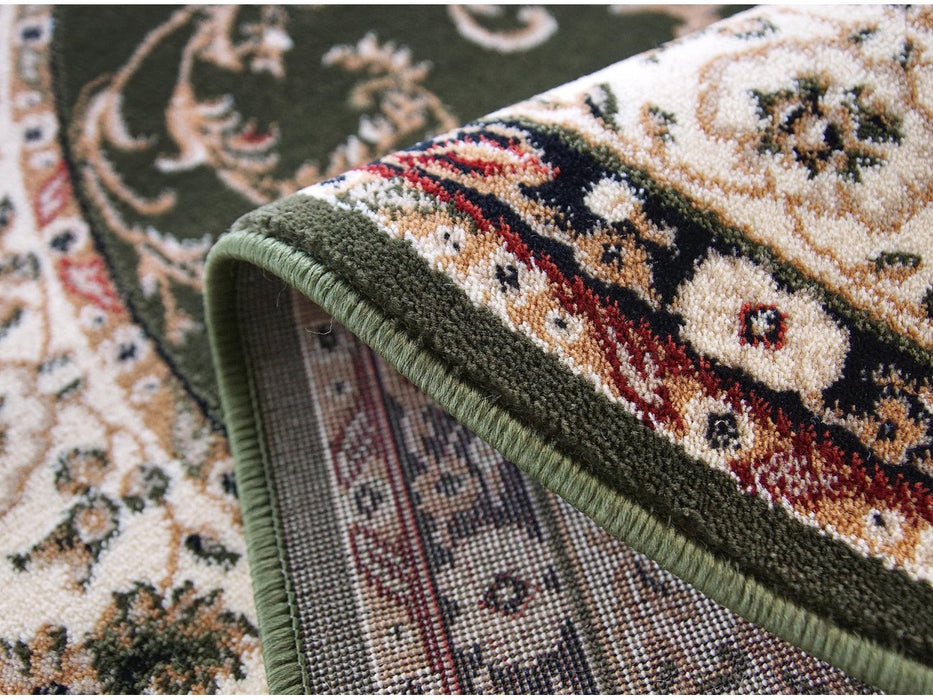 Margine si grosime covor clasic rotund verde cu finisaj atent