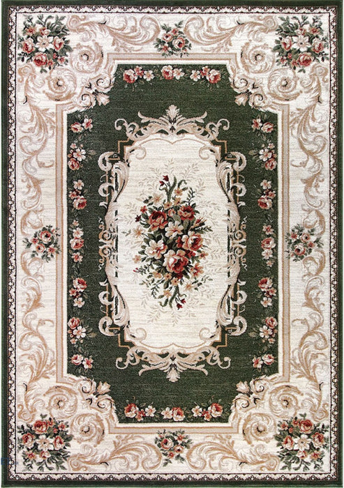 covor clasic verde cu model floral, vedere completa