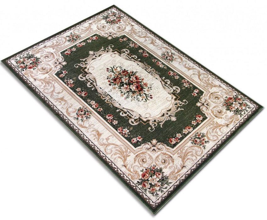 covor clasic verde cu model floral, vedere din unghi