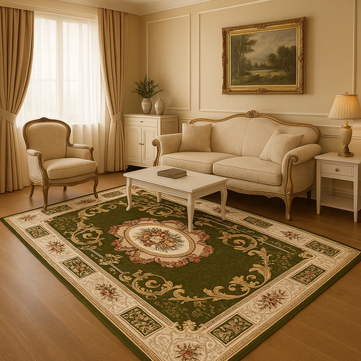 covor clasic verde integrat in living elegant, model Lotos 542