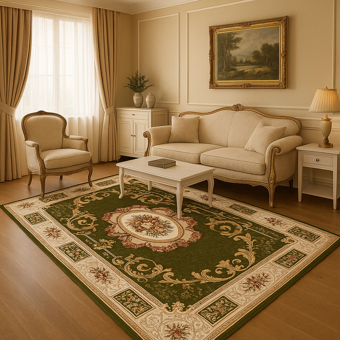 covor clasic verde integrat in living elegant, model Lotos 542