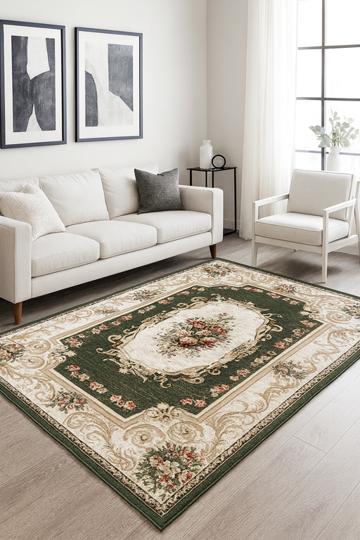 covor clasic verde integrat intr-un living elegant