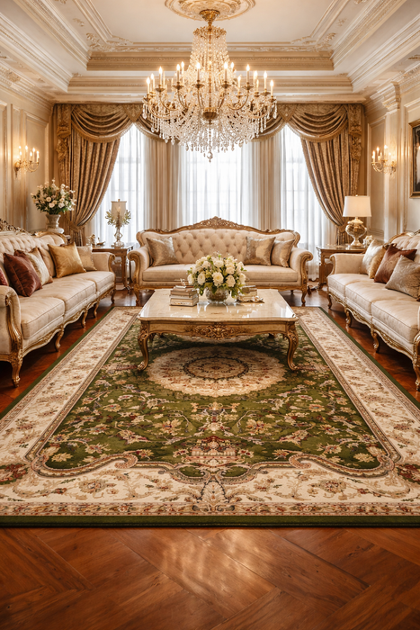 Covor clasic verde in living, potrivit pentru un interior elegant si rafinat