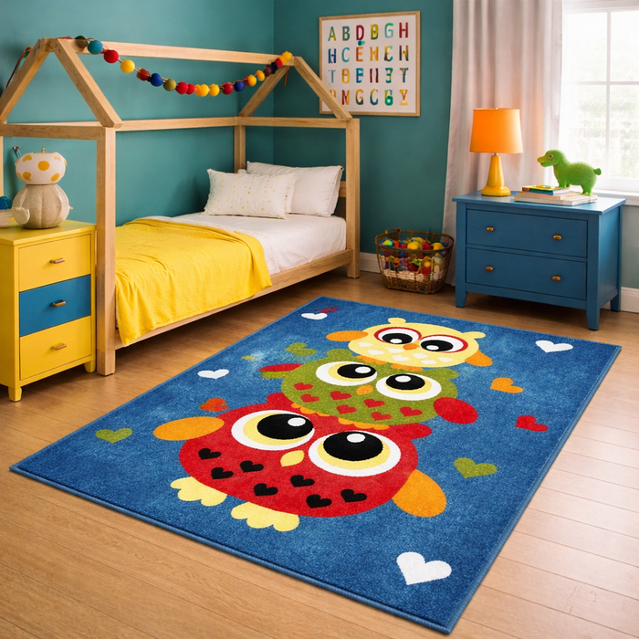 Covor copii albastru cu bufnite colorate in camera copilului, covor camera copii moale si modern, ideal pentru dormitor si zona de joaca
