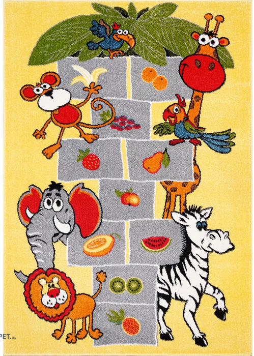 Covor copii galben cu model animale safari si elemente educative, covor camera copii colorat si atractiv pentru joaca