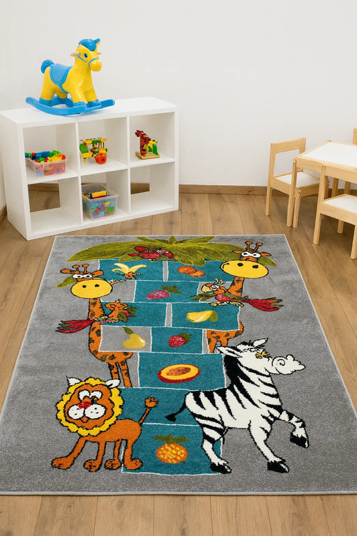 Covor copii gri cu model animale safari si elemente educative, covor camera copii colorat si atractiv pentru joaca