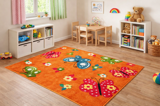 Covor copii portocaliu cu fluturi colorati in camera copilului, covor camera copii modern si confortabil, ideal pentru joaca