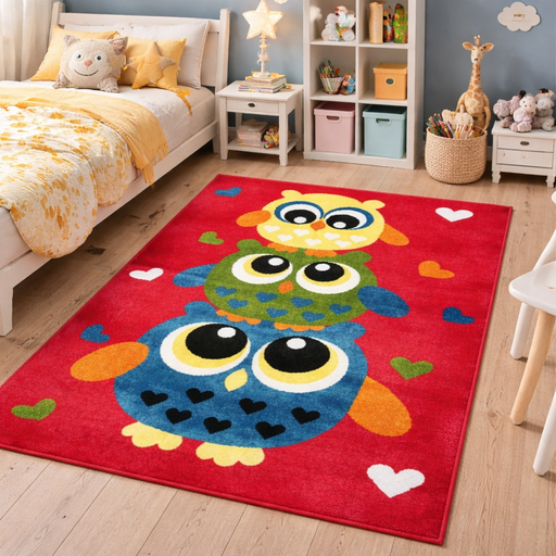 Covor copii rosu cu bufnite colorate, covor camera copii modern si moale, ideal pentru dormitor copii, covor copii colorat si rezistent pentru joaca