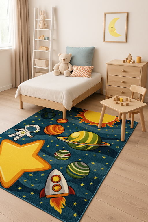 Covor pentru copii cu model spatiu cosmic, racheta, planete si stea galbena, ideal pentru camera copiilor