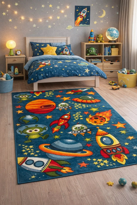 Covor copii cu rachete si planete in camera copilului, covor camera copii modern si confortabil, ideal pentru joaca