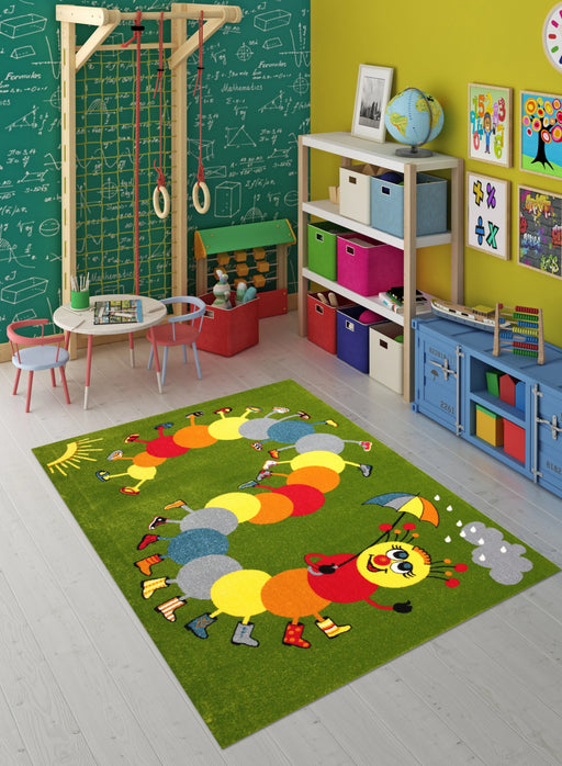 Covor copii verde educativ cu omida si cifre in camera copiilor, covor camera copii ideal pentru joaca si invatare