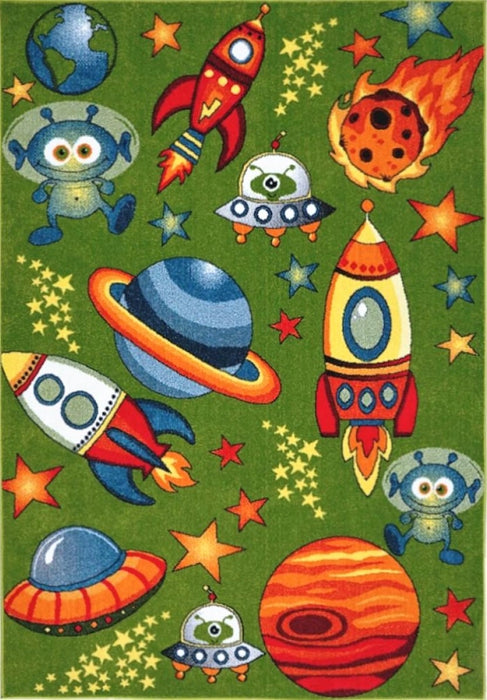 Covor copii verde cu rachete si planete, covor camera copii colorat si modern, ideal pentru joaca si decor