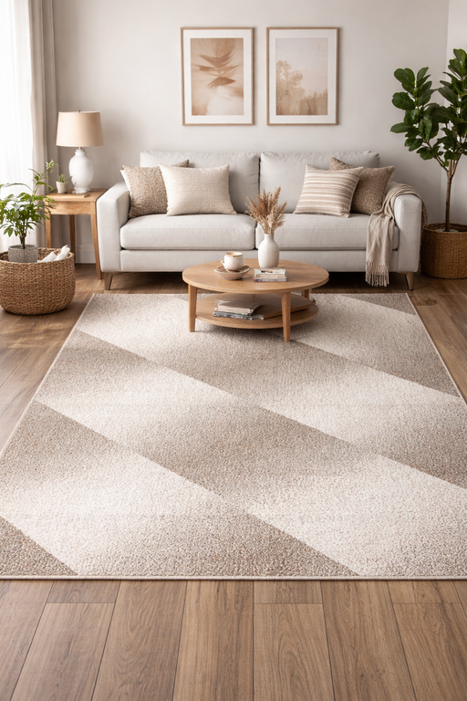 covor crem bej cu model geometric integrat intr-un living modern