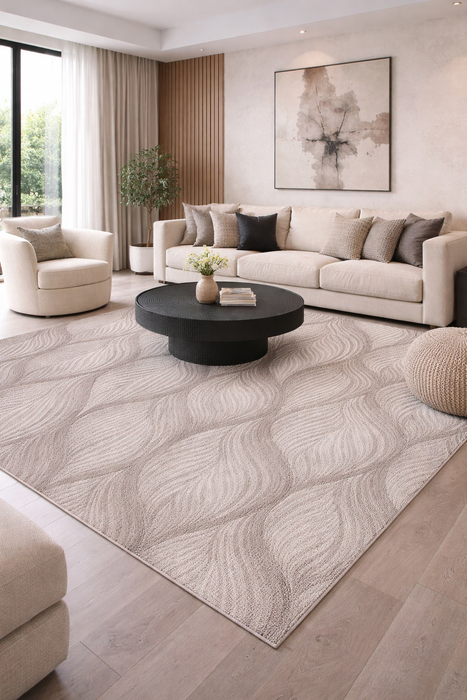 covor crem bej cu model ondulat integrat intr-un living modern